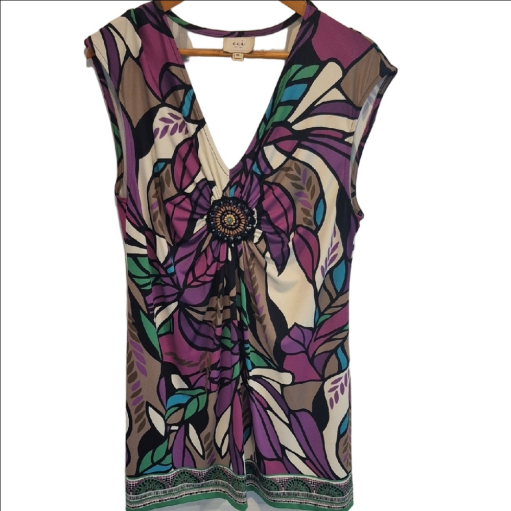 Eci Tunic In Purple and Green Floral Pattern